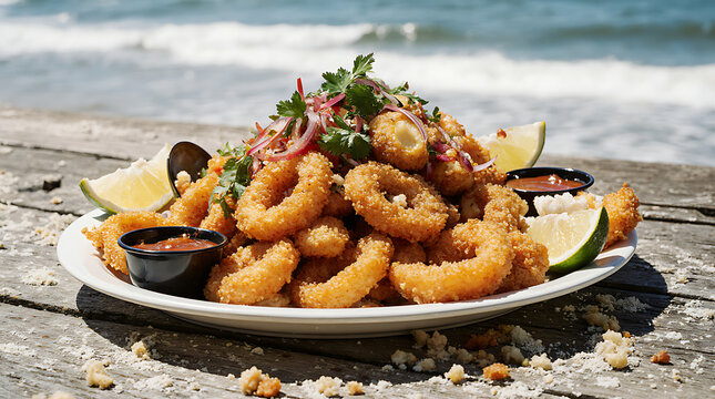 Jalea Peruvian Mixed Fried Seafood on Rustic Wooden Table