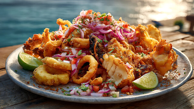 Jalea Peruvian Mixed Fried Seafood on Rustic Wooden Table