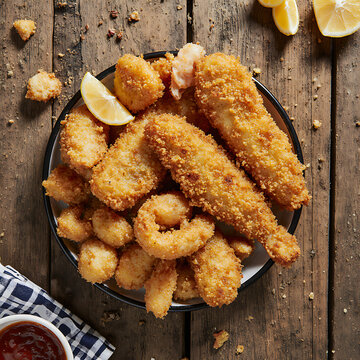 Jalea Peruvian Mixed Fried Seafood on Rustic Wooden Table