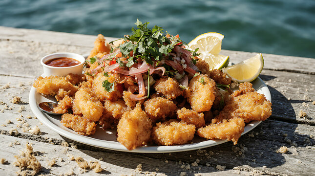 Jalea Peruvian Mixed Fried Seafood on Rustic Wooden Table