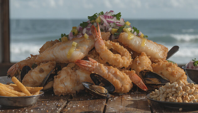 Jalea Peruvian Mixed Fried Seafood on Rustic Wooden Table