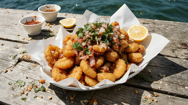 Jalea Peruvian Mixed Fried Seafood on Rustic Wooden Table