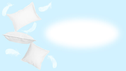 Pillows and feathers flying on pastel blue background. Sleep comfort. Poster with space for text