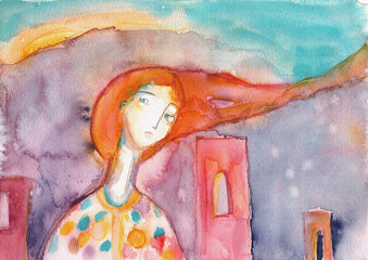 Hand Painted Watercolor Portrait of Woman in Windy Cityscape, Expressive Female Figure, Emotional Fine Art Illustration