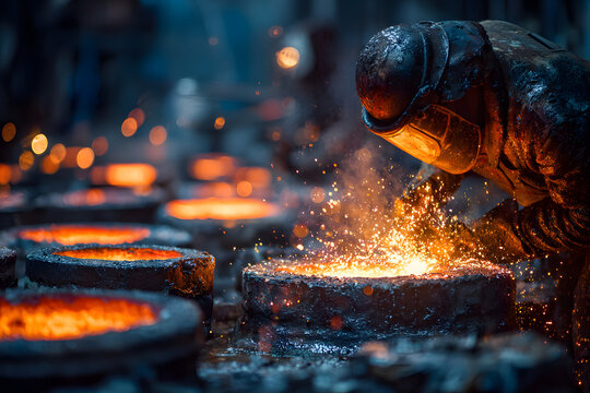 Foundry worker makes castings from liquid metal and various alloys - Powered by Adobe