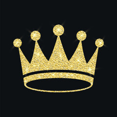 Vector Gold Glitter Crown, Royal Tiara. Luxury Sparkle Emblem on Black. Gold Glitter Crown Icon for Queen and King. Gold Glitter Crown Clipart, Luxury Tiara Logo, Sparkling Jewel