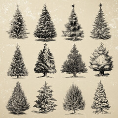 Fototapeta premium Collection of snow covered pine trees.