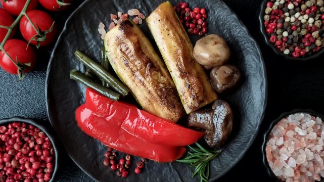 Vegetables. corn, bell peppers, zucchini, and mushrooms grilled or barbecued. Grilled vegetables