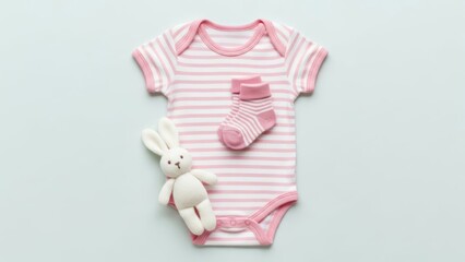 A composition featuring a striped baby bodysuit, matching socks, and a plush bunny on a pastel background. A delicate, stylish composition, ideal for advertising children's products. AI generated.