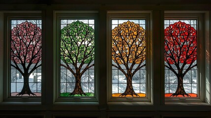 Stained Glass Trees Representing the Four Seasons