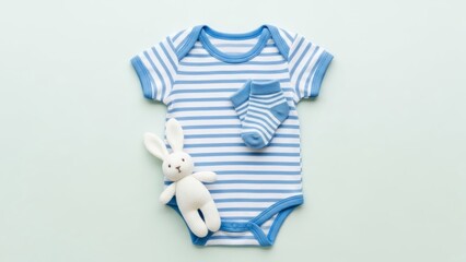 A composition featuring a striped baby bodysuit, matching socks, and a plush bunny on a pastel background. A delicate, stylish composition, ideal for advertising children's products. AI generated.
