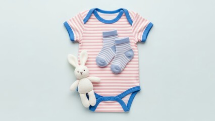 A composition featuring a striped baby bodysuit, matching socks, and a plush bunny on a pastel background. A delicate, stylish composition, ideal for advertising children's products. AI generated.