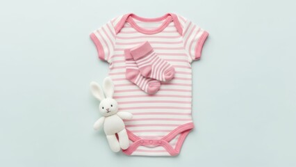 A composition featuring a striped baby bodysuit, matching socks, and a plush bunny on a pastel background. A delicate, stylish composition, ideal for advertising children's products. AI generated.