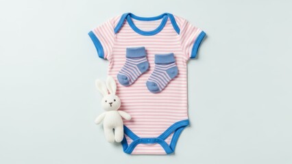 A composition featuring a striped baby bodysuit, matching socks, and a plush bunny on a pastel background. A delicate, stylish composition, ideal for advertising children's products. AI generated.