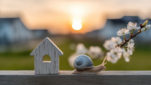 Garden snail moves slowly past a small wooden house shape with blooming spring flowers during sunset