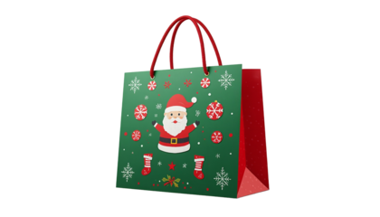 A festive Christmas gift bag with Santa Claus design on transparent background
