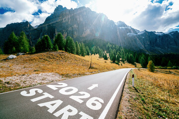 2026 New Year road trip travel and future vision concept . Nature landscape with highway road...