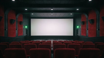 Silent movie hall awaits audience with empty seats and dark blank screen