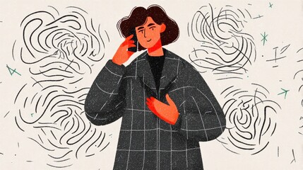 Illustration of woman on phone seeking anxiety support with abstract background