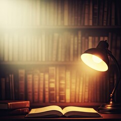 Cozy library desk with warm lamp and open book