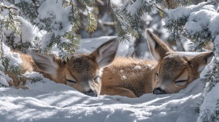 Obraz premium Two young cervids rest peacefully nestled in deep winter snow under evergreen branches