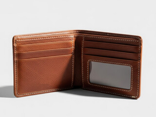 Open brown leather wallet