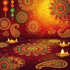 Vibrant Diwali celebration with intricate mandalas and diyas