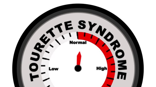 Tourette Syndrome text or word with a barometer or tachometer-style gauge, illustrating varying levels of tics and severity in symptoms