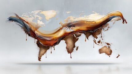 Abstract liquid map of the Americas formed from oil symbolizing global energy resources geopolitics economic power environmental impact and future sustainability challenges, Generative AI