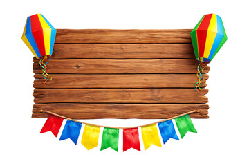Festa Junina background with a blank wooden sign. Brazilian June Festival decoration with colorful flags and paper lanterns for party announcements, isolated on a white background.