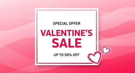Valentines day sale advertisement with a special offer of up to 50 off, featuring a pink wavy background and heart graphics