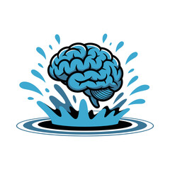 A blue anatomical brain splashes into water creating ripples in a circle.
