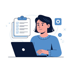 Woman working on a laptop checks tasks on a floating clipboard list.