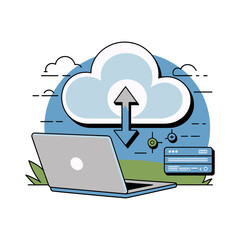 Laptop computer shows cloud data upload and download arrows outdoors.