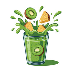 Kiwi and pineapple pieces splash into a healthy green smoothie drink.