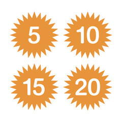 Four orange starburst badges display numbers five, ten, fifteen,.