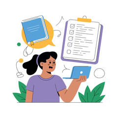 Student studies online using a laptop near floating educational checklist.