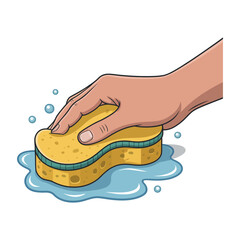 Hand firmly squeezes a yellow cleaning sponge resting in blue water.