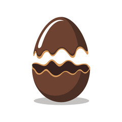 A rich chocolate Easter egg is depicted cracked open revealing its.