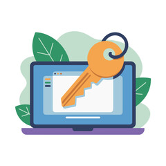 Laptop displays security access with large physical key resting over the.