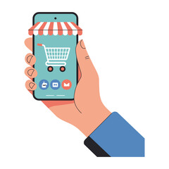 Hand holds smartphone displaying online storefront with shopping cart icon.