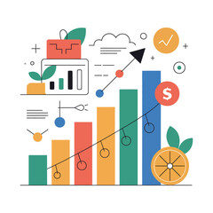 Bar graph shows upward financial growth trend with abstract icons.