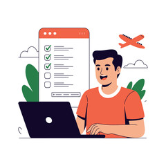 Man smiles using laptop while completing online travel booking form.