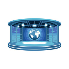 Blue illuminated television news studio set features a central glowing.