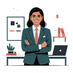 Confident businesswoman stands with folded arms in a modern office setting.