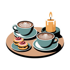 Two cups of latte art coffee and cookies sit beside a lit candle.