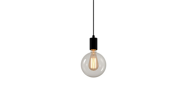 A glowing light bulb suspended from a black cord on transparent background