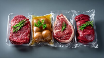 Freshly packaged cuts of red meat in transparent containers, garnished with herbs, showcasing a delightful variety for culinary enthusiasts and food preparation inspiration