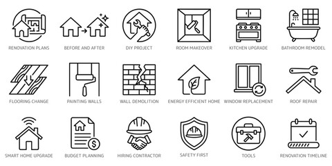 Home renovation and construction line icons covering remodeling, painting, tools, and smart home upgrades