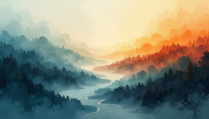 Abstract landscape of misty pine forest with winding river at sunset